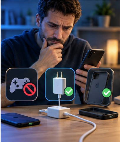 检查手机保护壳充电器和高负载游戏造成的发热