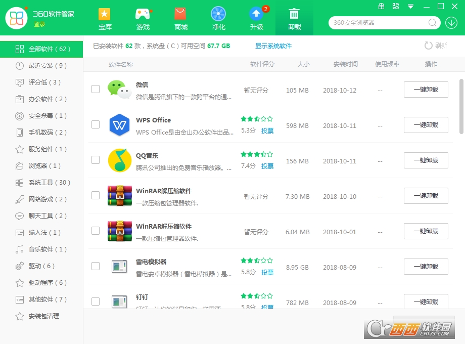 360软件管家已安装软件和卸载管理界面