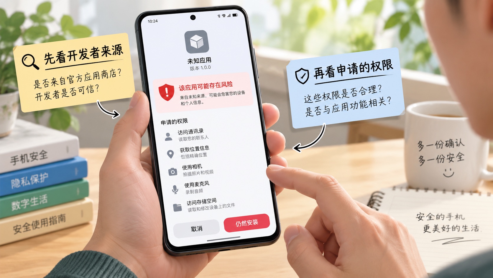 用户面对未知应用安装警告并核对权限的场景插画