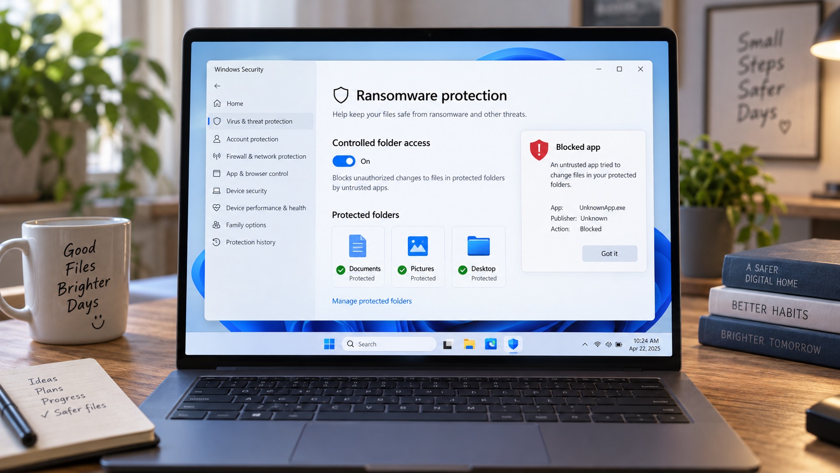 Windows安全中心显示受控文件夹访问与陌生应用拦截提示