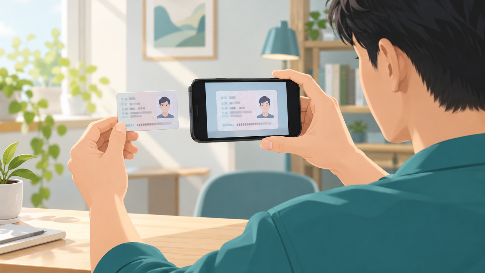 用户在明亮环境中拍摄证件原件的原创插画